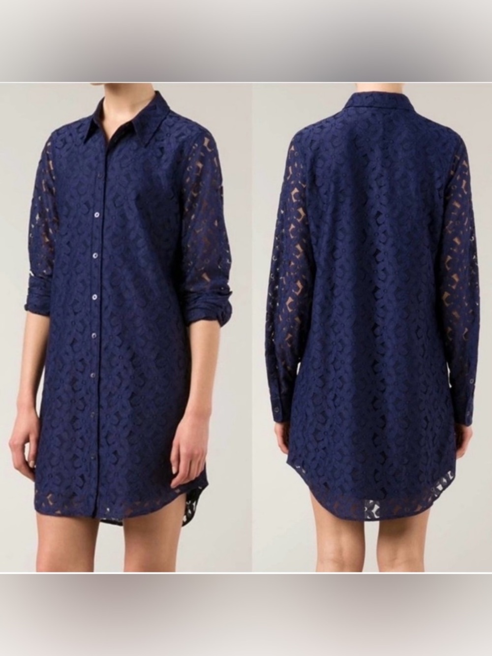 equipment navy blue long sleeve button down lace mini dress